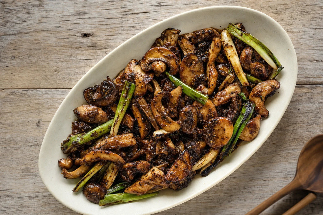 Black Pepper Mushrooms with Scorched Spring Onions