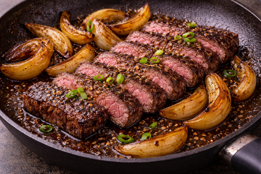 Black Pepper Seared Steak with Scorched Onions