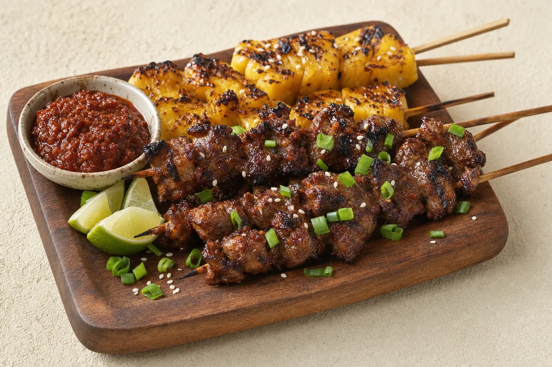 Caramelized Sambal Lamb Skewers with Charred Pineapple