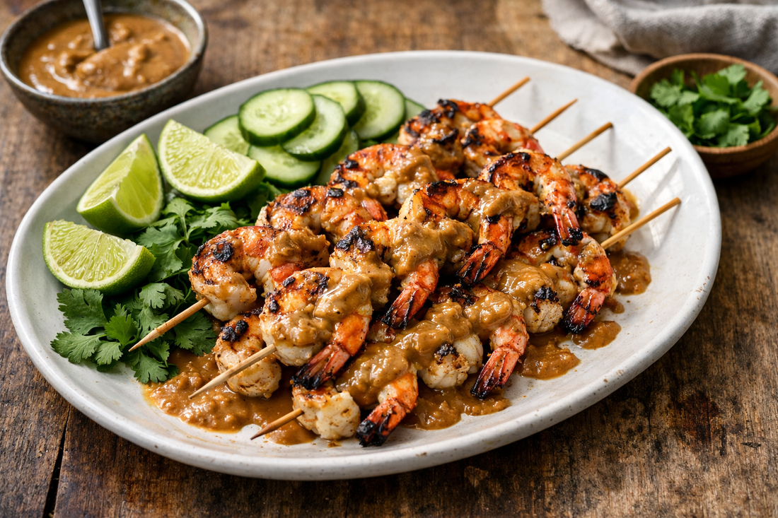 Classic Peanut Grilled Shrimp Skewers