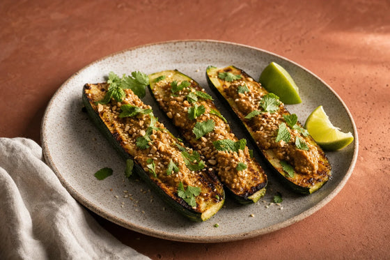 Grilled Zucchini with Classic Peanut, Herbs, and Toasted Seeds