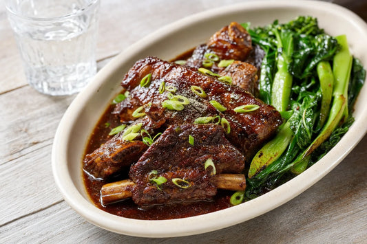 Hokkien Mee Braised Beef Short Ribs with Garlic Greens