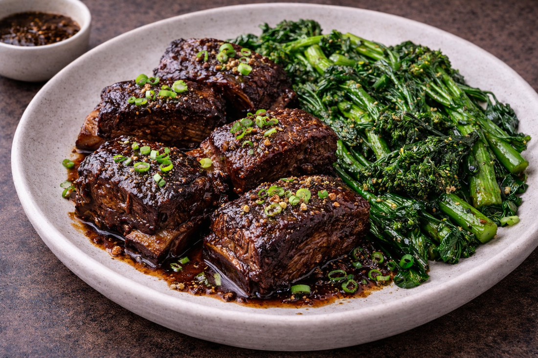 Hokkien Mee Braised Beef Short Ribs with Garlic Greens