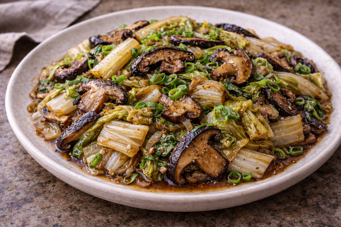 Hokkien Mee Braised Napa Cabbage with Shiitakes