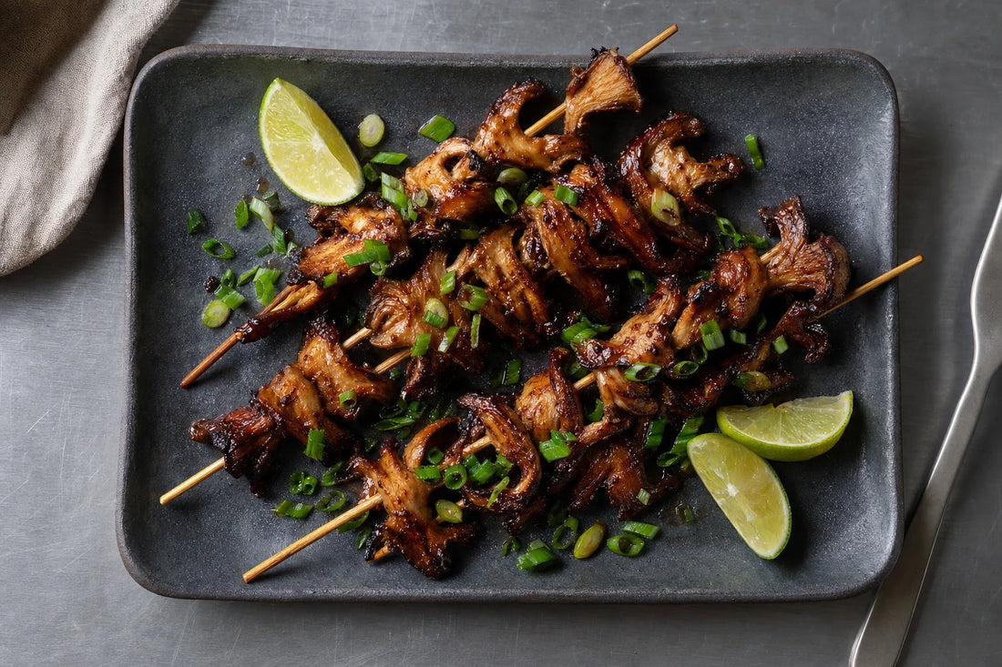 Hokkien Mee Glazed Oyster Mushroom Skewers