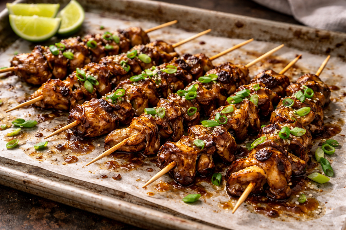 Hokkien Mee Glazed Oyster Mushroom Skewers
