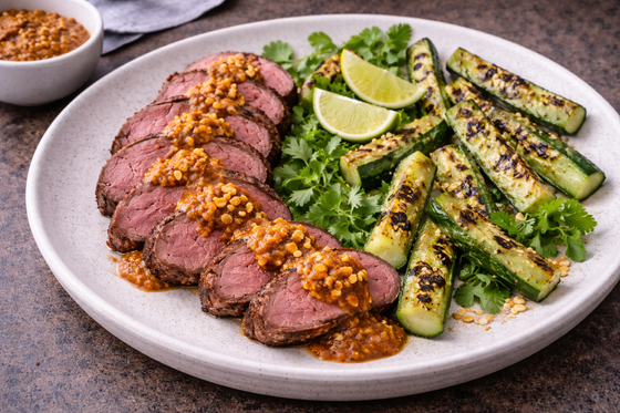 Lemongrass Peanut Lamb Tenderloin with Charred Cucumbers