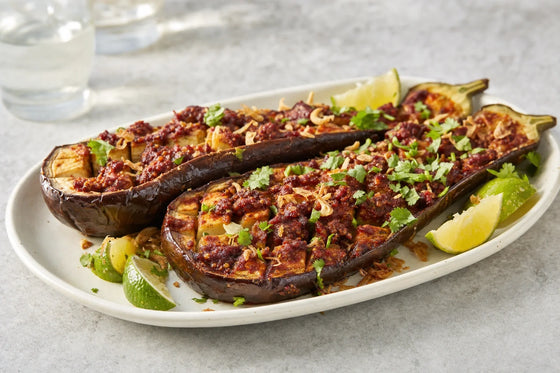 Roasted Sambal Eggplant with Crispy Shallots and Lime