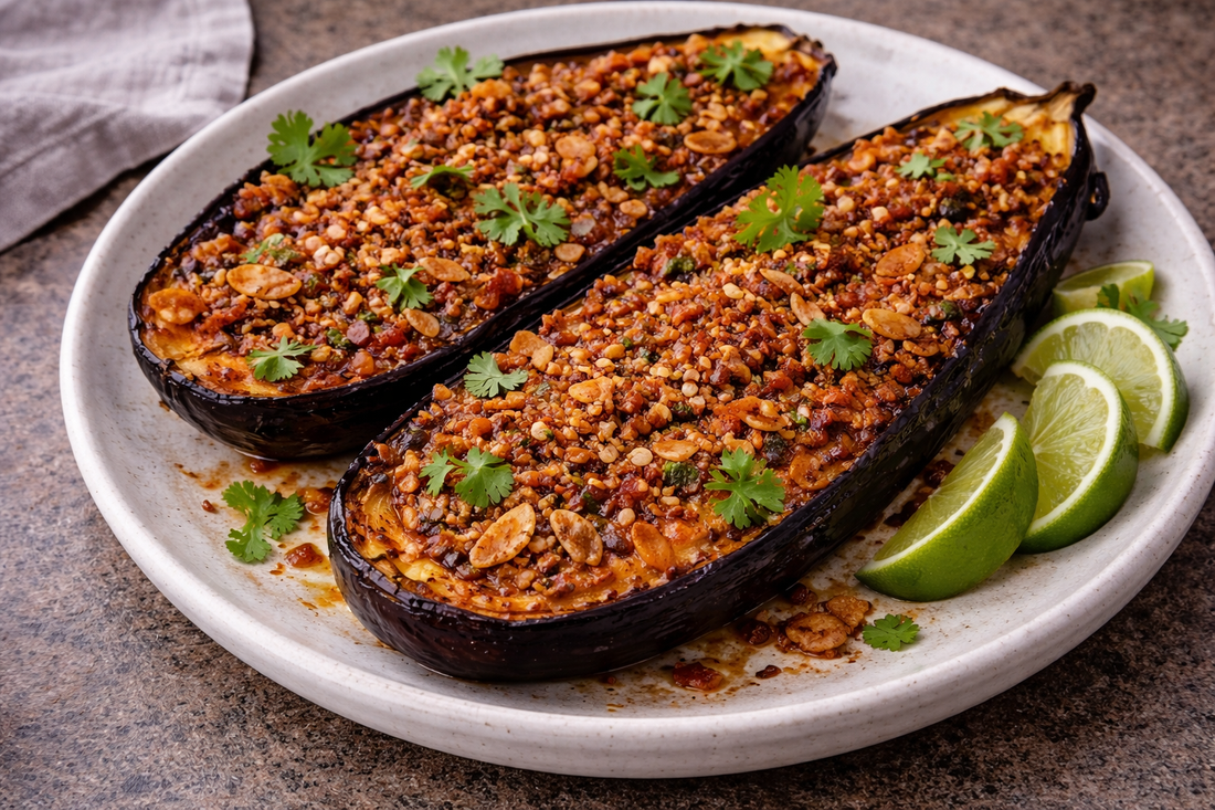 Roasted Sambal Eggplant with Crispy Shallots and Lime
