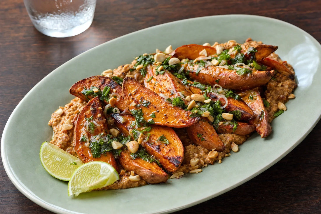 Roasted Sweet Potatoes with Lemongrass Peanut and Warm Herb Oil