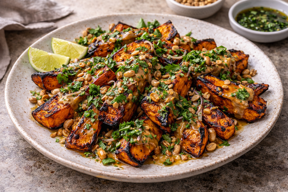 Roasted Sweet Potatoes with Lemongrass Peanut and Warm Herb Oil