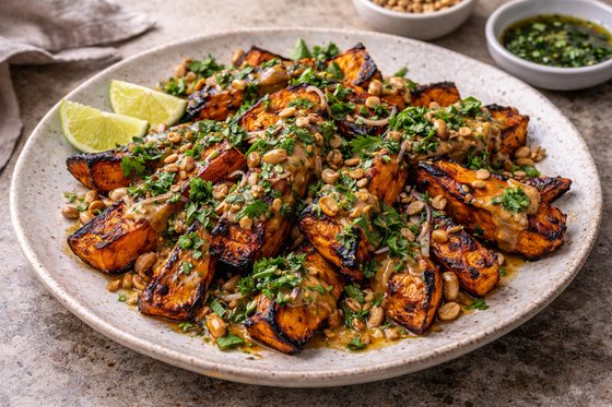 Roasted Sweet Potatoes with Lemongrass Peanut and Warm Herb Oil