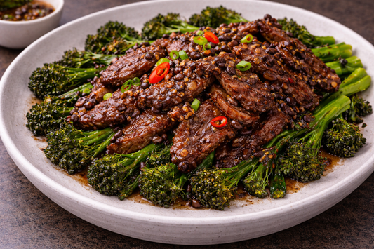 Sambal Black Bean Beef with Roasted Broccolini