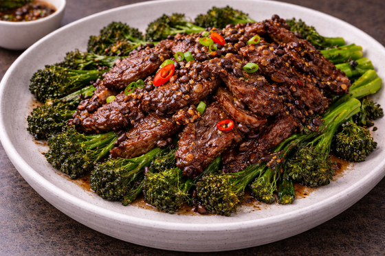 Sambal Black Bean Beef with Roasted Broccolini
