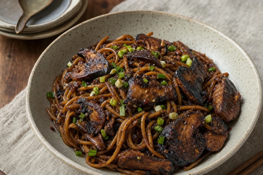 Sambal Black Bean Noodles with Roasted Mushrooms