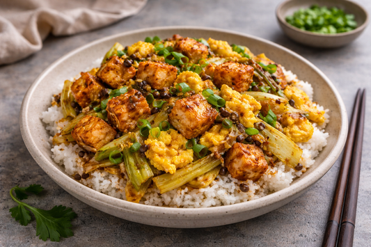 Sambal Black Bean Tofu and Egg Breakfast Stir-Fry