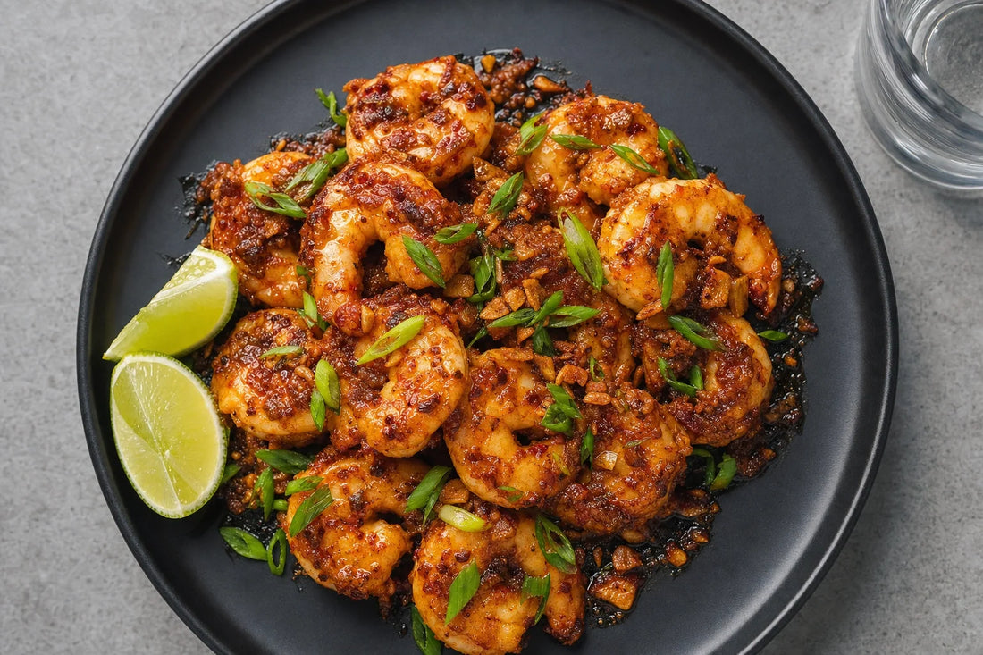 Sambal Butter Prawns with Crispy Garlic