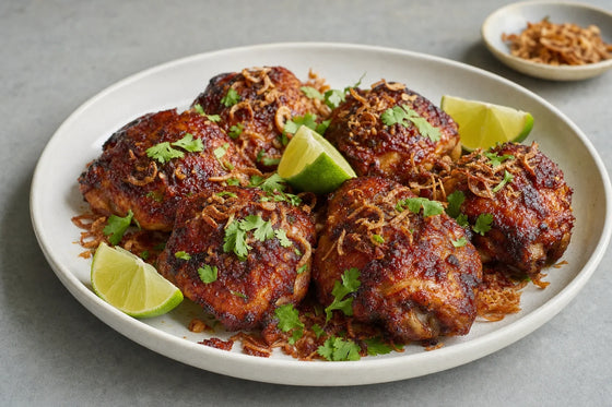 Sambal Roast Chicken Thighs with Lime and Crispy Shallots