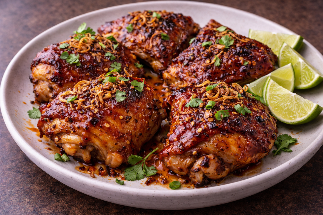 Sambal Roast Chicken Thighs with Lime and Crispy Shallots