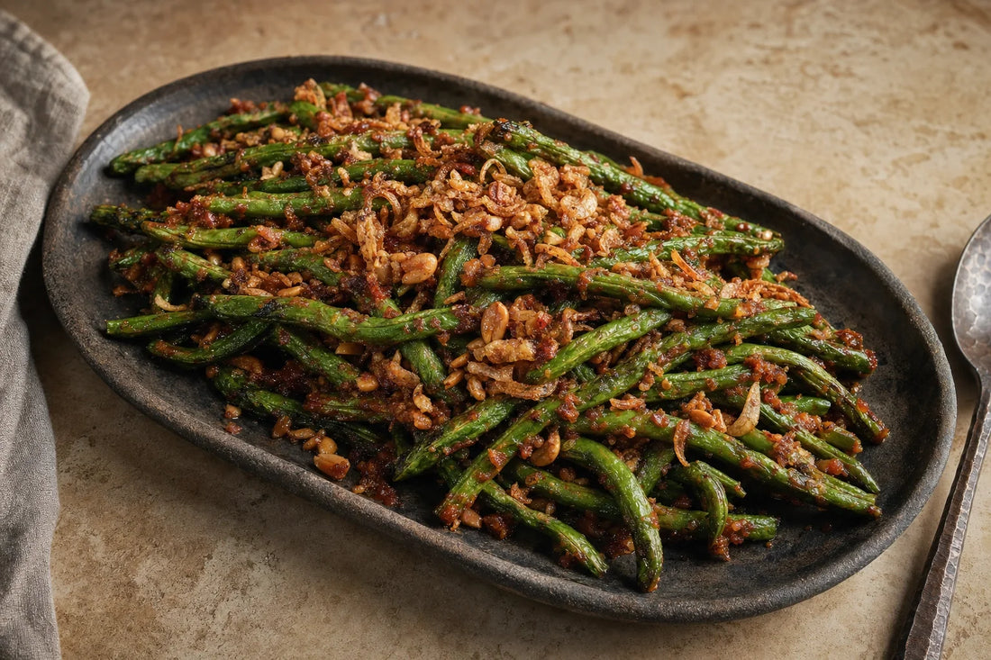 Sambal Tumis Long Beans with Shallots and Crispy Anchovy-Style Crunch