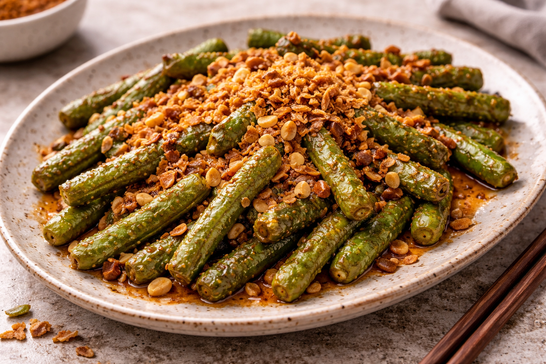 Sambal Tumis Long Beans with Shallots and Crispy Anchovy-Style Crunch