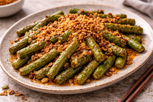Sambal Tumis Long Beans with Shallots and Crispy Anchovy-Style Crunch