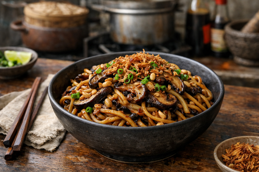 Sambal Black Bean Noodles with Roasted Mushrooms