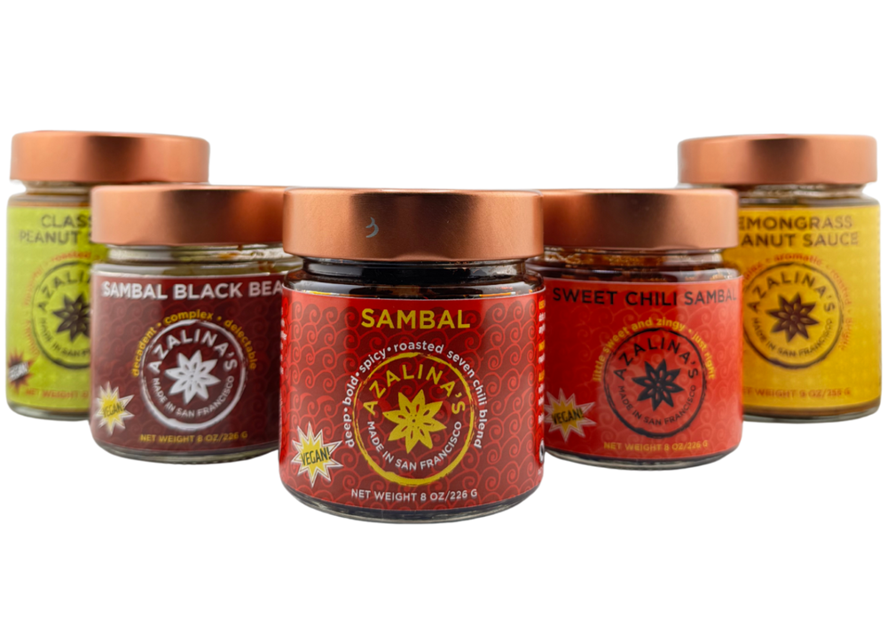 Set of sambal jars with visible branding on a white background