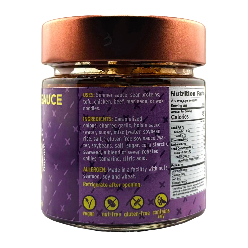 Jar with purple label and copper lid on a white background