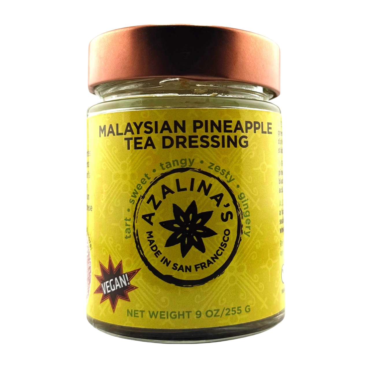 Jar of Malaysian Pineapple Tea Dressing with a yellow label on a white background