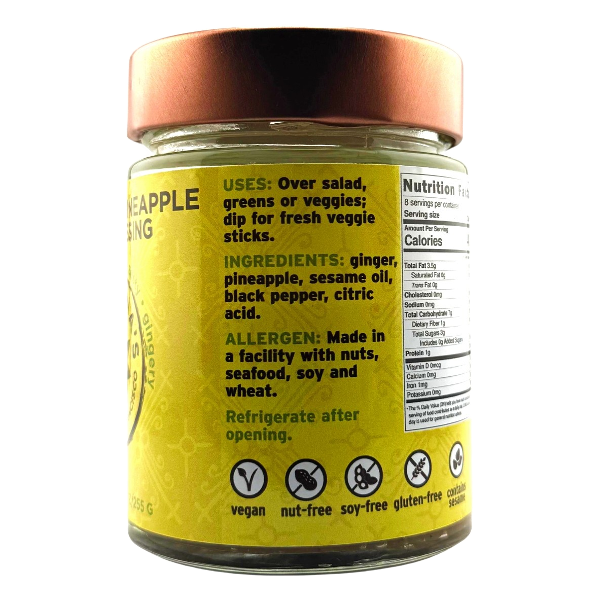 Jar of pineapple relish with a yellow label on a white background