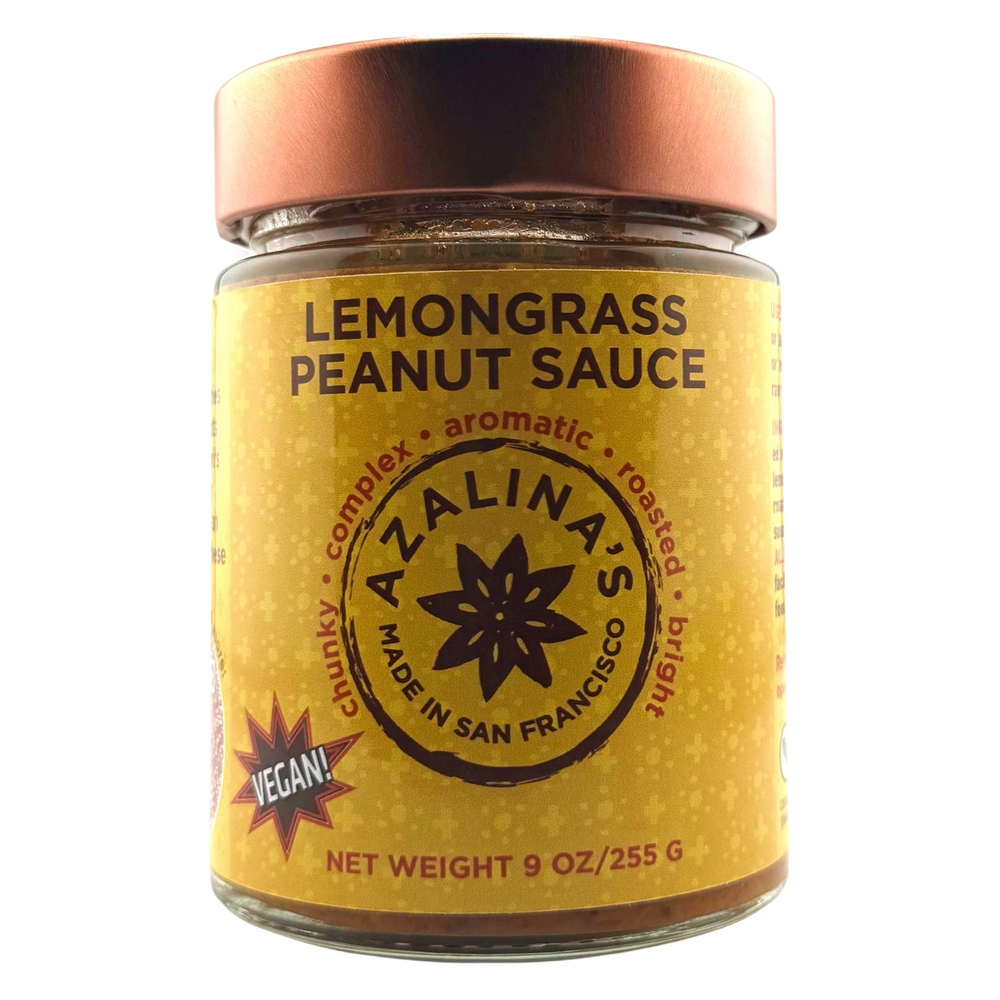 Jar of Azalina's Lemongrass Peanut Sauce on a white background